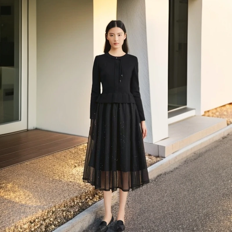 YINER音儿  优雅黑色针织衫拼接连衣裙8C64506346