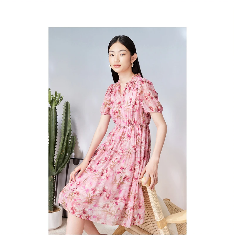 Goodland美地碎花显瘦气质时尚印花优雅收腰女装连衣裙LC63205536