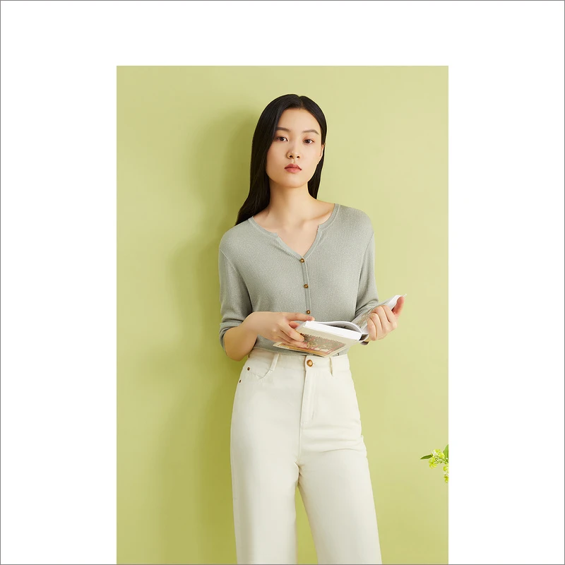 YINER音儿2025夏季含桑蚕丝V领毛针织衫透气上衣8C34206631