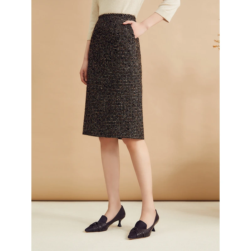 YINER音儿秋季新款气质混纺法式粗花呢高腰半身裙8C34350180