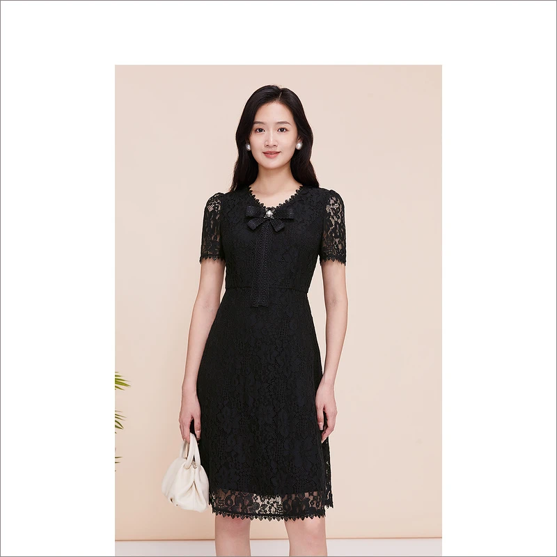 YINER/音儿蕾丝显瘦气质黑色时尚设计师优雅女装连衣裙8C63205367