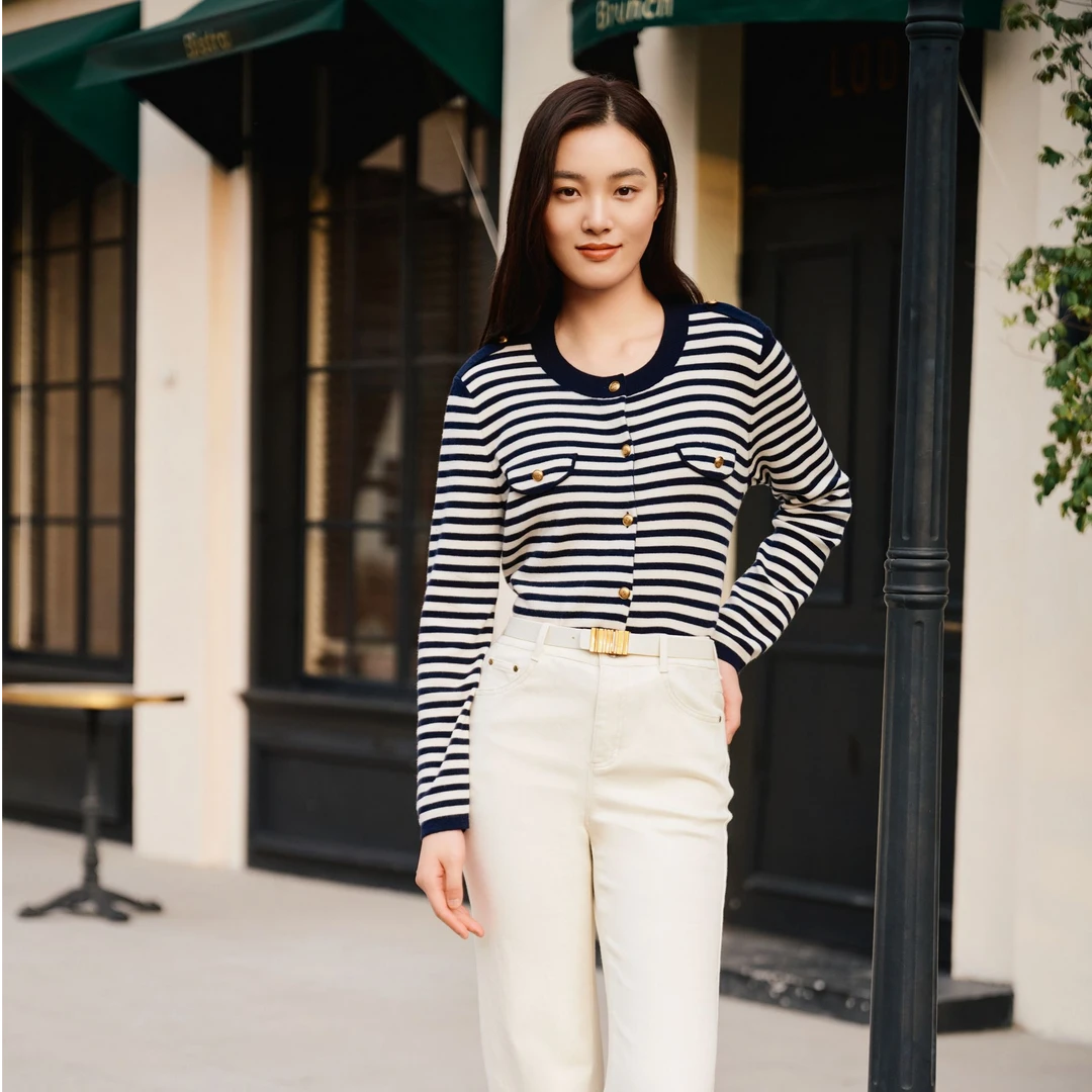 YINER/音儿春季时尚长袖圆领撞色条纹显瘦毛针织开衫8C65106366