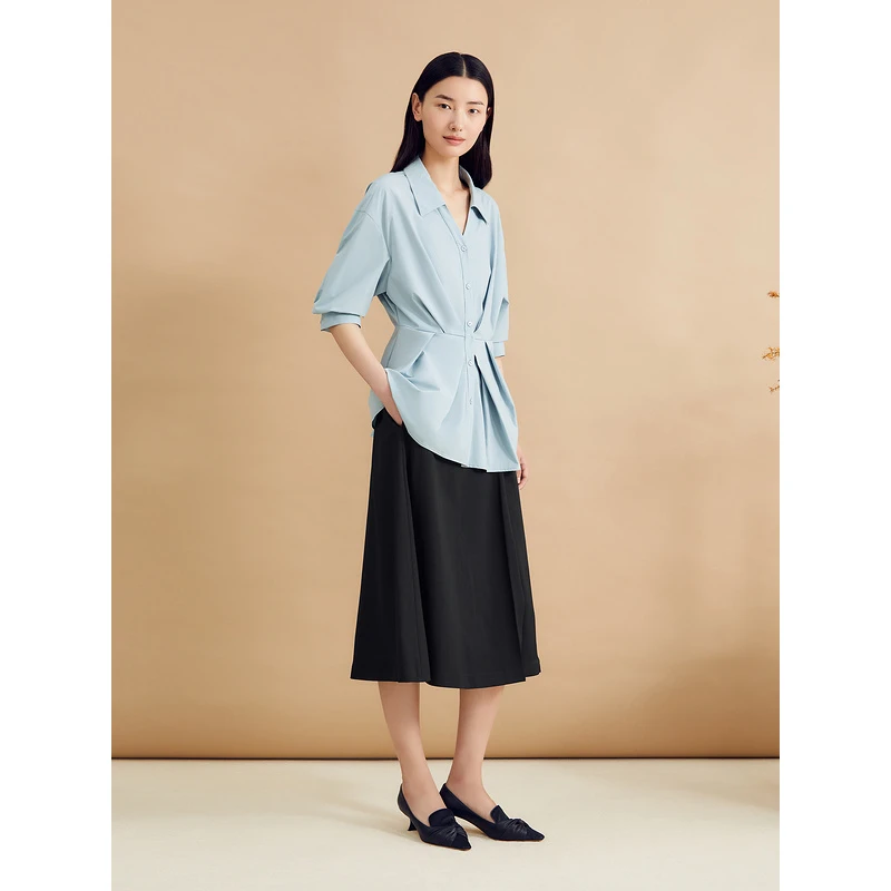 YINER音儿新款法式松弛感不对称倒褶衬衫收腰上衣8C34330050