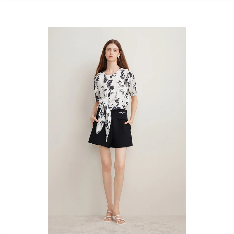 Goodland美地年夏季新款艺术花卉剪影衬衫绑带上衣LC34270190