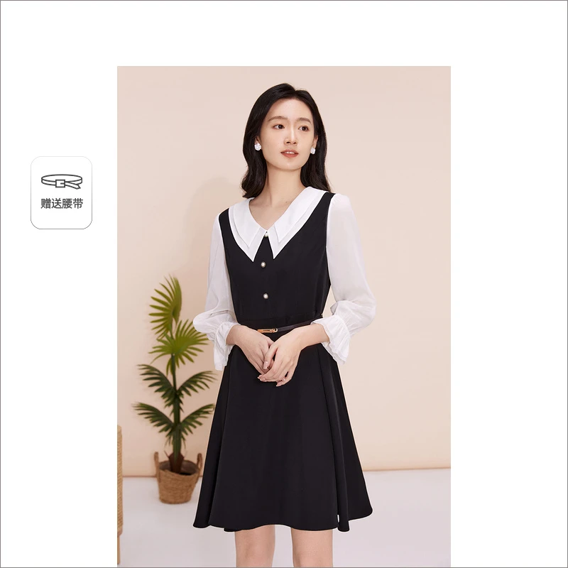 音儿 春季新款气质拼接时尚显瘦七分袖收腰黑色连衣裙8C63105846