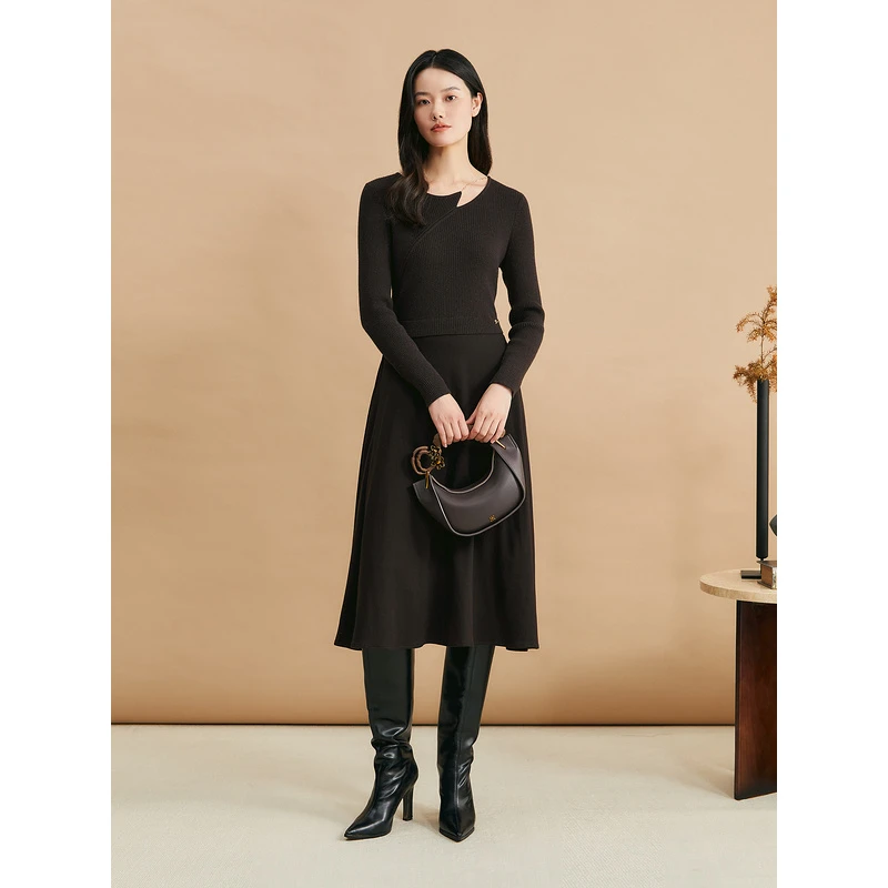 【美丽诺羊毛】YINER音儿秋款美拉德法式镂空领连衣裙8C34506100