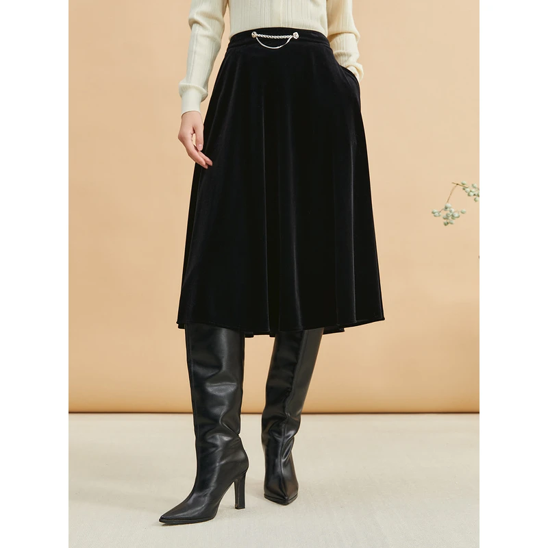 YINER音儿秋冬季新款弹力复古波尔多夜曲丝绒A字半身裙8C64550096