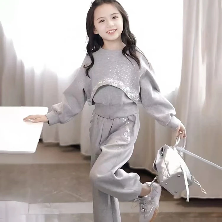 灰色女童网红女孩烫钻三件套儿童节春秋时尚运动父亲节休闲