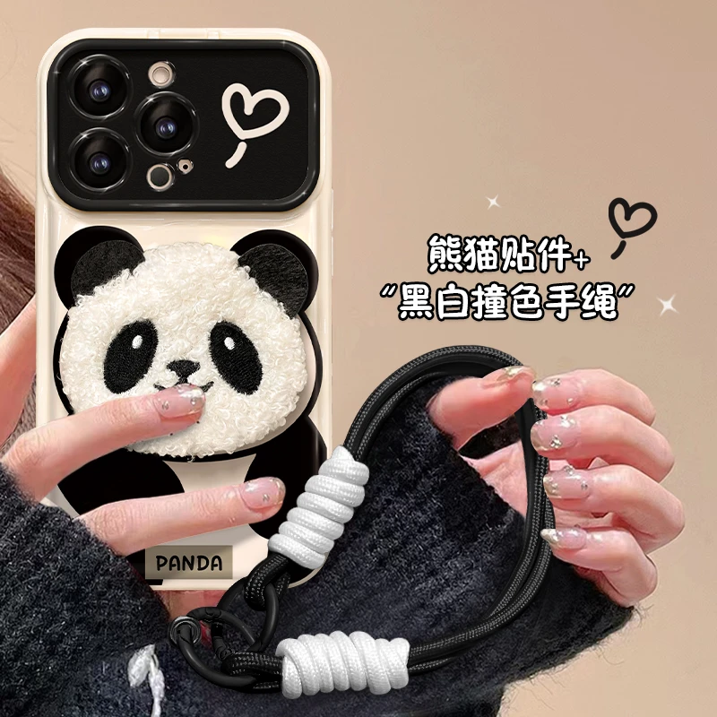 【可爱熊猫】苹果华为vivo/oppo小米翻盖镜子iPhone15pro手机壳