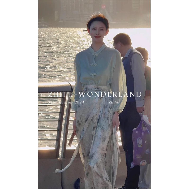 无艳一禾【绿山雀】新中式国风铂金纱上衣+冰台绿晕染马面裙套装