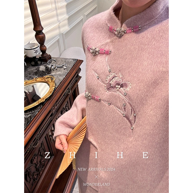 无艳一禾【洛神韵】手工坊-静奢蚕丝羊毛刺绣双面呢外套+半裙