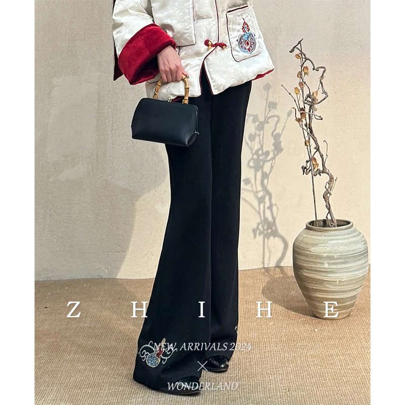 无艳一禾【锦绣】静奢国风蚕丝羊毛脚口绣花喇叭裤