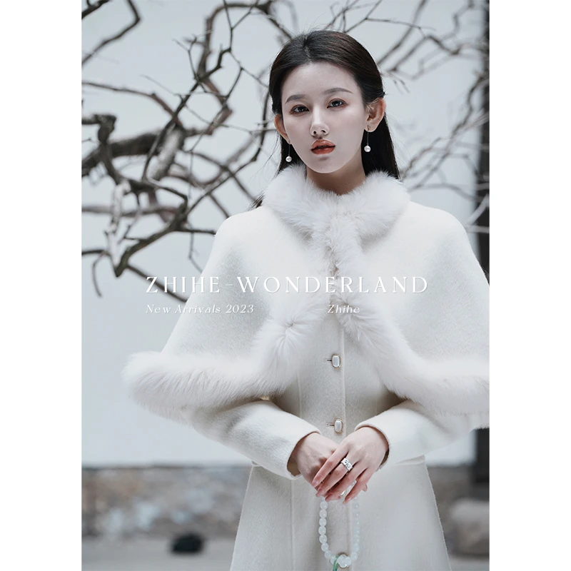 无艳一禾【暮成雪】手工坊 双面100羊毛大衣狐狸毛斗篷套装