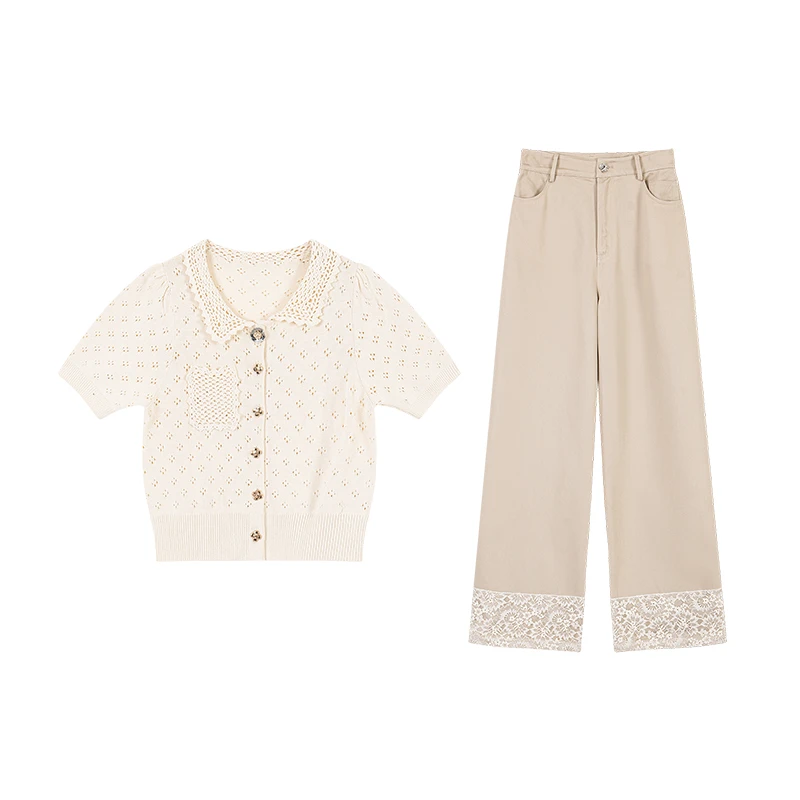 无艳一禾【月光贝莉】奢感精致镂空钩花针织上衣+阔腿裤