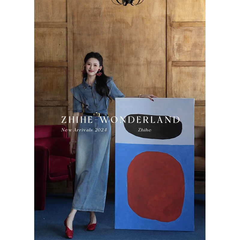 至禾Wonderland【马赛假日】原创法式荷叶边小飞袖高腰收腰牛仔裙