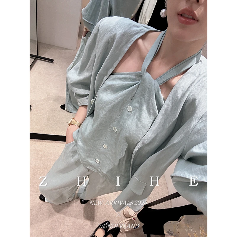 无艳一禾【优雅启示录】进店B入亚麻精致吊带中袖西装+西裤
