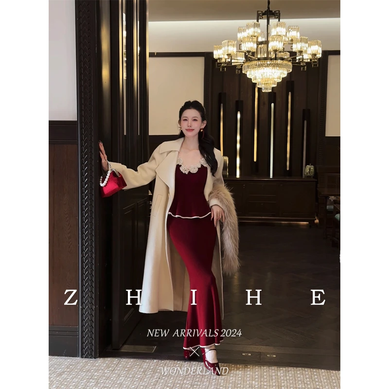 无艳一禾【西楼月】手工坊-静奢100羊毛双面呢带胸针大衣