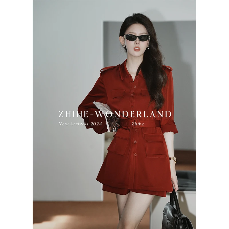 无艳一禾【伍德玫瑰】原创明艳大气中长款系带收腰上衣+短裤