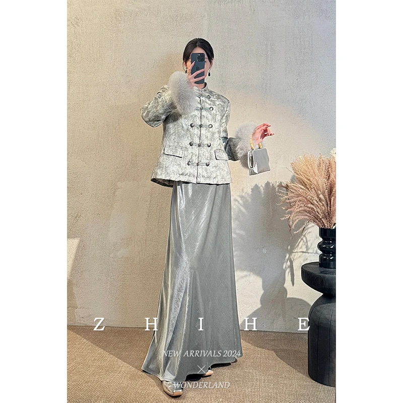 至禾Wonderland【沉烟】新中式重工提花立领羽绒服+丝绒半裙