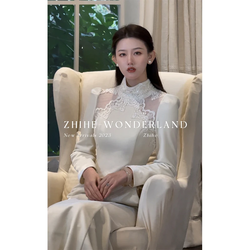 无艳一禾【白玉簪】法式温柔风气质丝绒蕾丝小立领鱼尾连衣裙