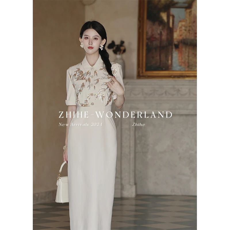 【城南竹吟】原创瑰丽清雅金银珠片绣衬衫式连衣裙