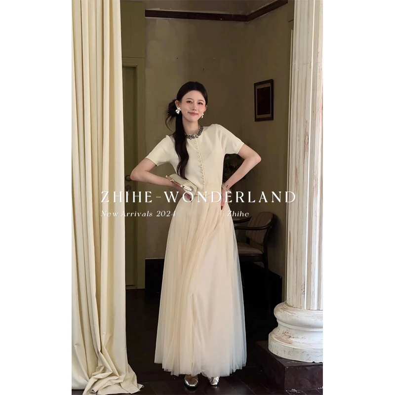 至禾Wonderland【月下山茶花】原创静奢重工钉钻饰圆领上衣+纱裙