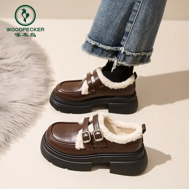 啄木鸟英伦风厚底小皮鞋女秋冬加绒大棉鞋2024新款爆款黑色乐福鞋