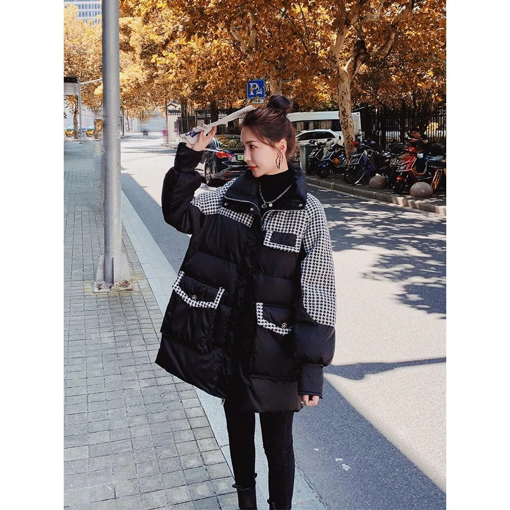 艾莱依千鸟格黑色羽绒羽绒服女2023年新款冬季韩版宽松加厚棉衣小