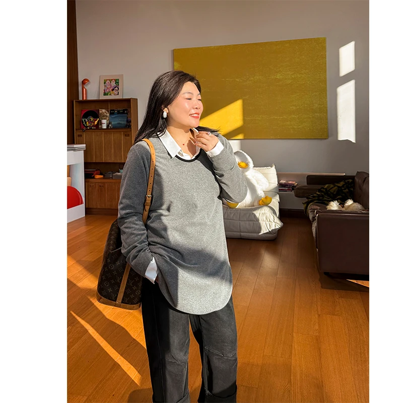 边缘打底衫/胖mm大码 中长款小U领撞色磨毛打底衫