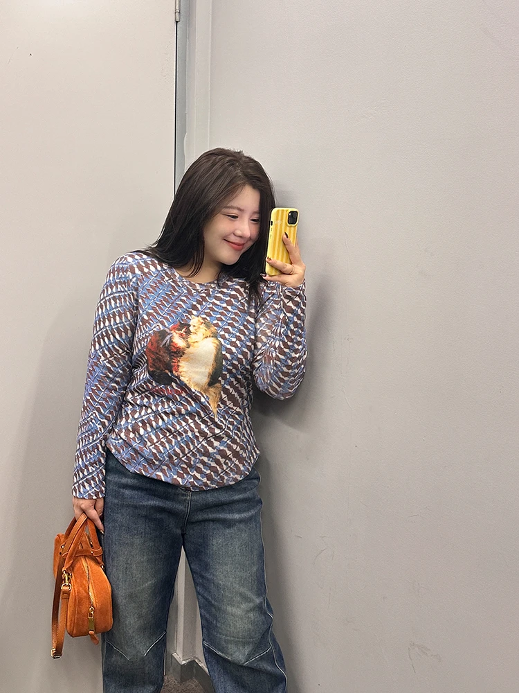 复古猫咪/胖mm大码 可爱俏皮猫咪印花打底衫