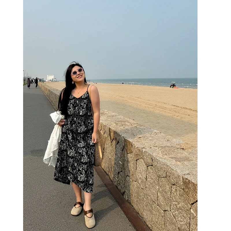 海风玫瑰/胖mm大码压褶吊带裙