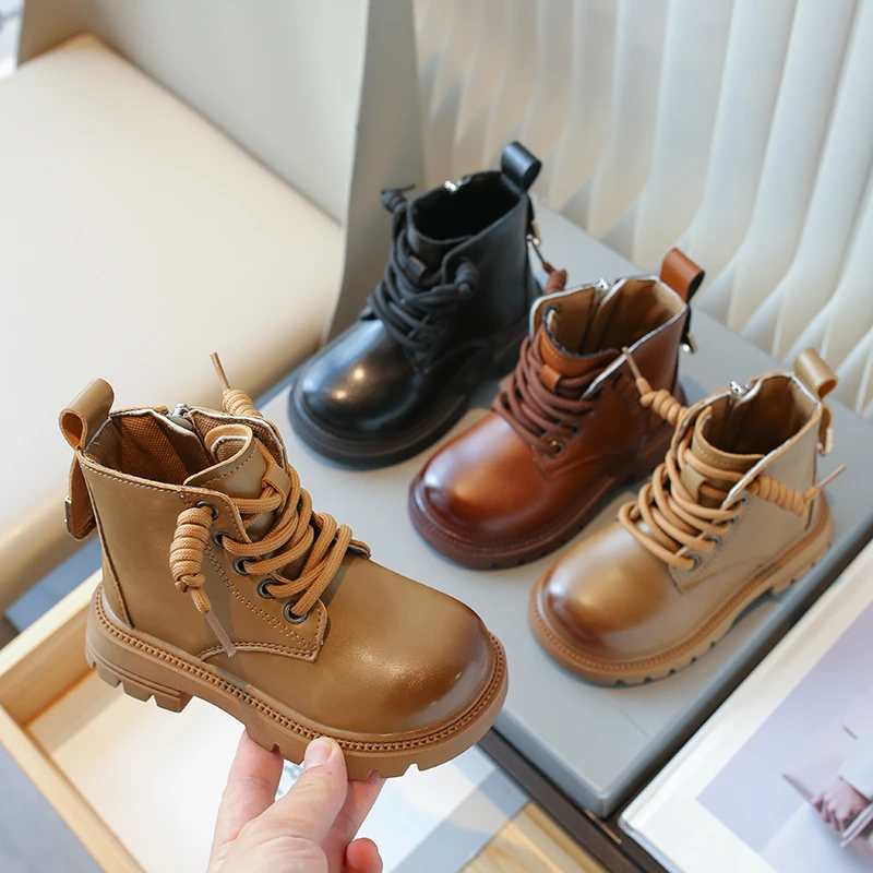 ABC 女童鞋马丁靴2024秋冬季英伦风儿童皮靴中大童小女孩加绒短靴