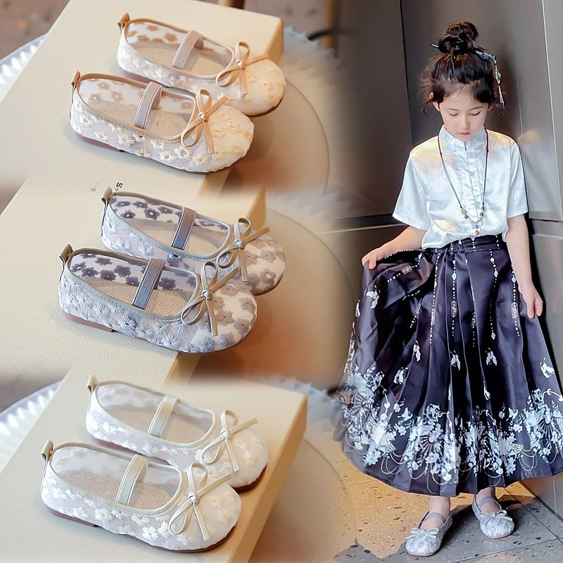 ABC女童韩版小香风公主鞋2024夏季网面一脚蹬豆豆鞋软底单鞋洋气