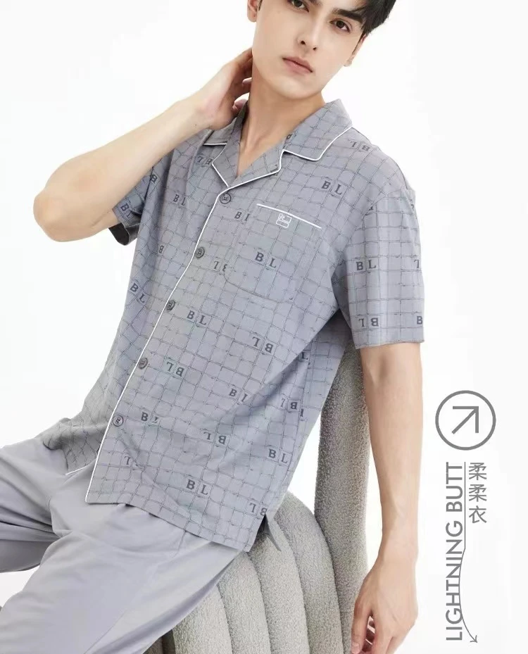 24A11037男士针织传统短袖长裤套装时尚百搭家居套装