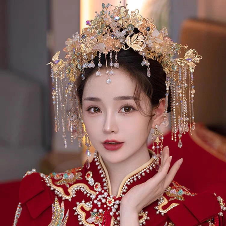 金色G413新娘凤冠结婚简约大气头饰婚礼奢华婚饰凤冠霞帔大方古风