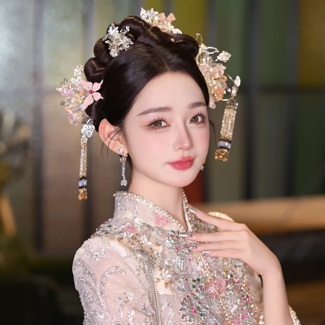 婚礼粉色银色G582新娘簪子复古古风唯美气质简约森系结婚大气精致