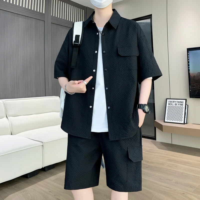 简约商务休闲套装男款夏季百搭潮流痞帅气衬衫男短袖短裤宽松穿搭