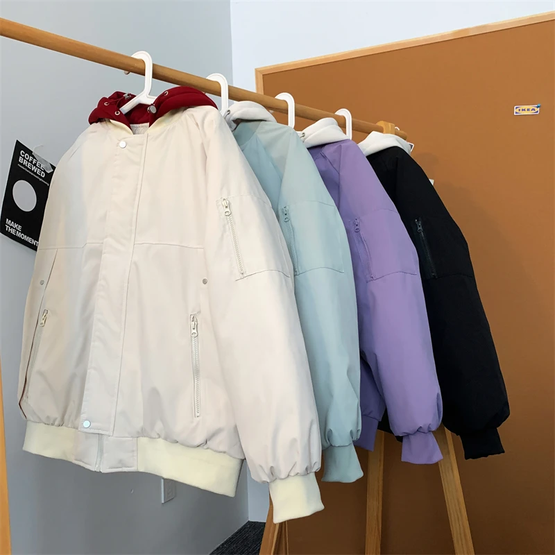 假两件棉服男款秋冬季宽松保暖羽绒棉衣外套加厚情侣装连帽棉袄子
