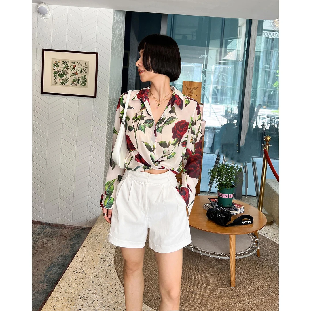 Daily Romance桑蚕丝玫瑰印花小众气质飘逸显瘦长袖纸片人衬衫