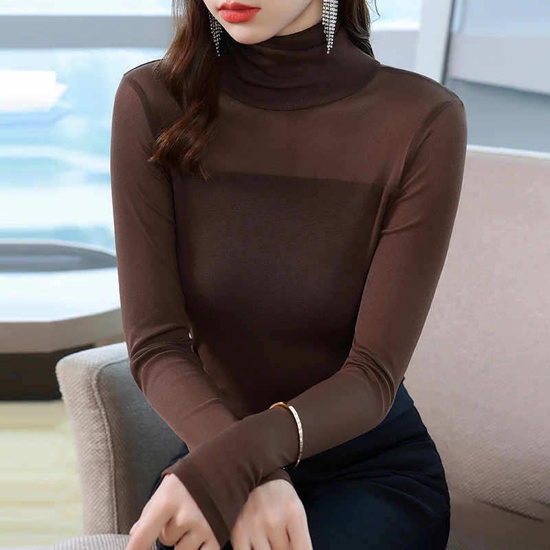 2025新款高领沙t网纱打底衫女长袖秋装纱体上衣纱衣小衫t恤