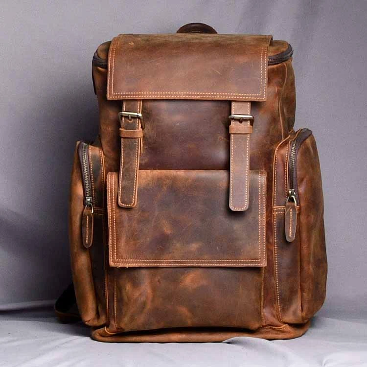 男士时尚真皮休闲双肩包复古疯马牛皮户外多功能欧美潮流背包