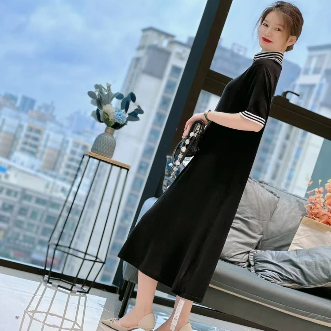 JS  516   原创设计翻领显瘦宽松不规则条纹领时尚款连衣