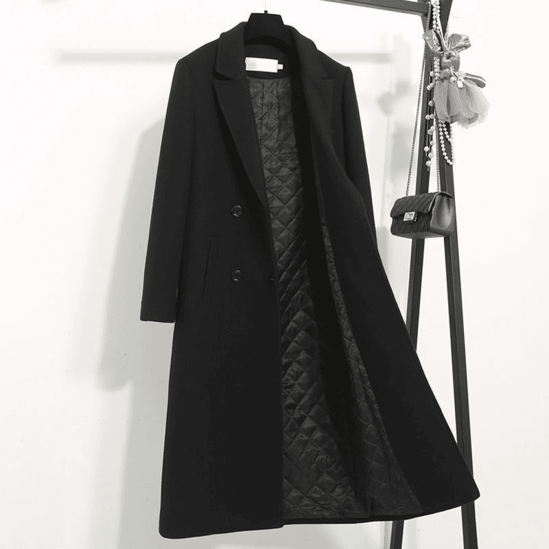 夹棉黑色毛呢外套女中长款2023秋冬新款韩版修身呢子大衣加棉加厚