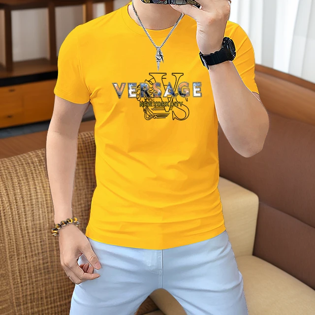 欧货潮牌夏季新款男士圆领短袖烫钻字母舒适透气修身半袖帅气男装