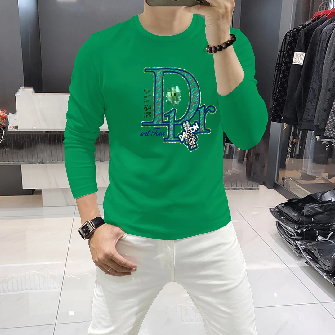 战沐新款男装时尚烫钻春秋款舒适百搭青年男士打底衫圆领长袖T恤