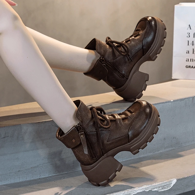 雨土2024秋冬季厚底马丁靴女小个子圆头复古百搭女鞋短靴加绒棉鞋