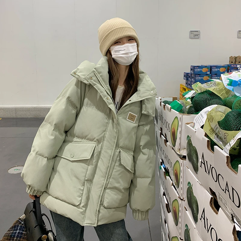 学院风绿色羽绒棉服女短款2025冬新款韩系流行棉衣棉袄宽松面包服