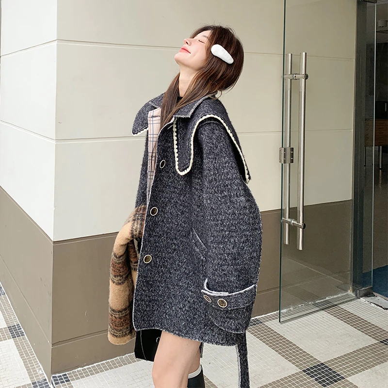 灰色海军领小香风毛呢外套女2025新款秋冬韩系高级感超好看呢大衣