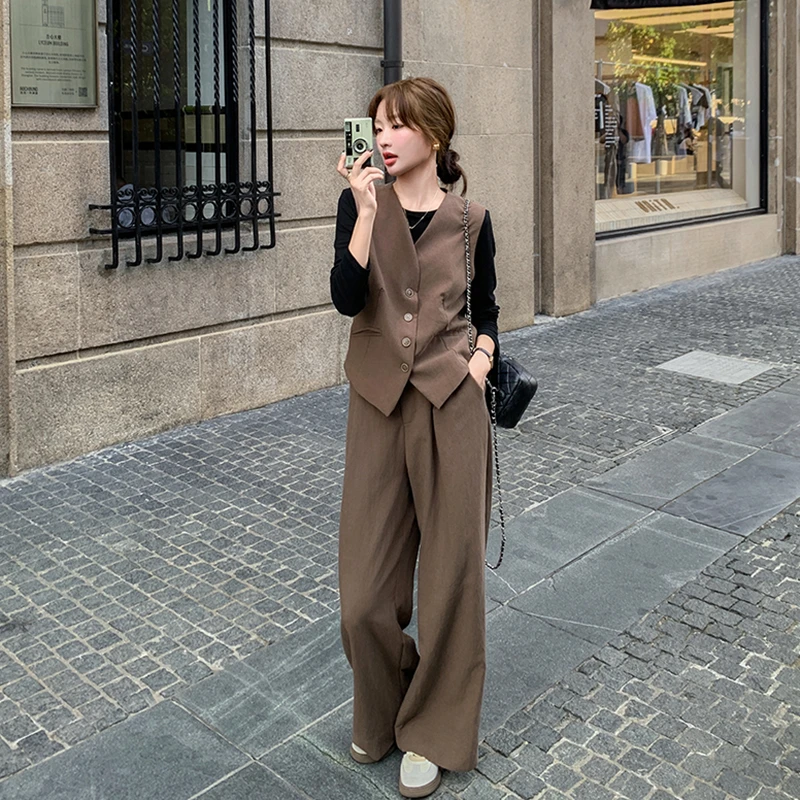 韩版西装马甲阔腿裤三件套套装2025春季新款显瘦时尚轻熟风穿搭