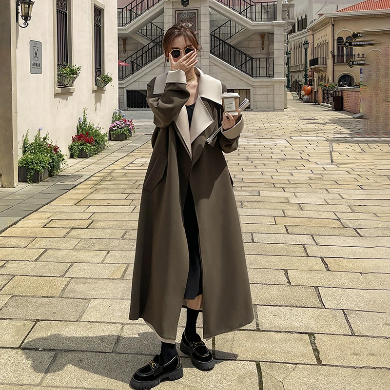 复古撞色假两件风衣外套女2025秋季新款高级感时尚英伦风长款大衣